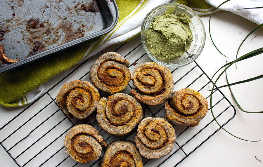 Gluten Free Pumpkin Cinnamon Buns with Matcha Cashew Cream