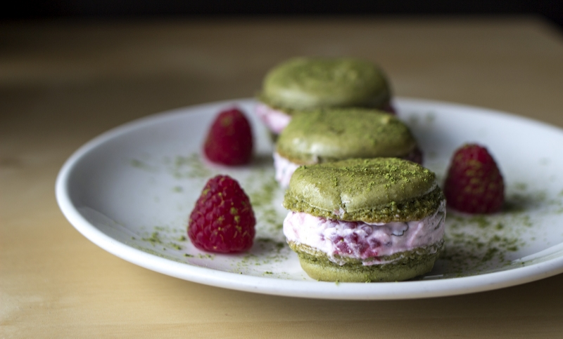 Raspberry Mint Matcha Macarons
